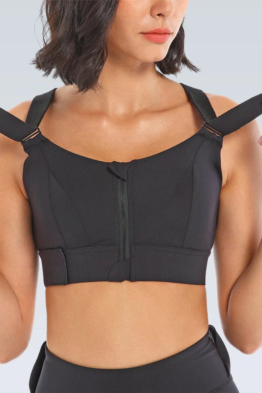 Adjustable Straps Sports Bra with Supportive High Impact Front Zipper