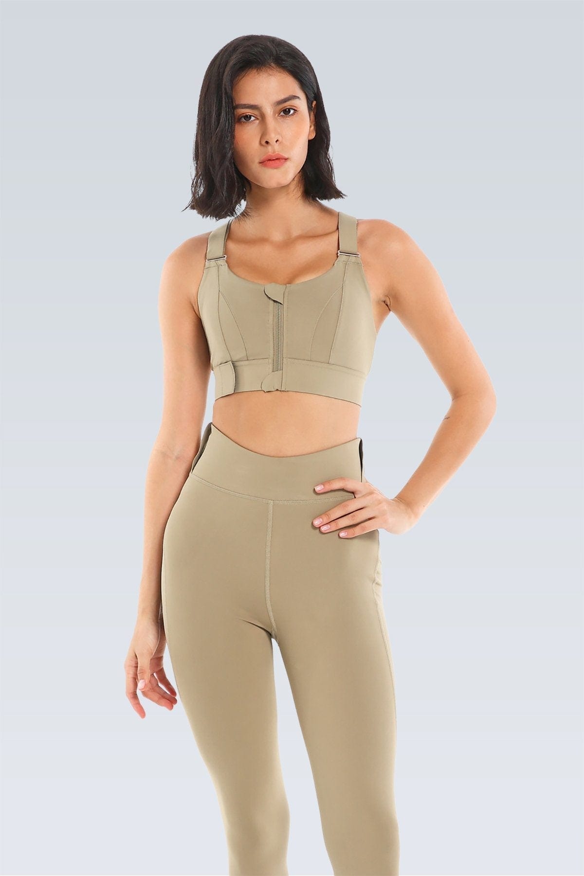 Women Sports Bras Tights Crop Top Yoga Vest Front Zipper Plus Size Adjustable Strap Shockproof Gym Fitness Athletic Brassiere Gray green