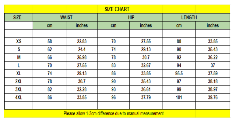 size chart Fitness Leggings