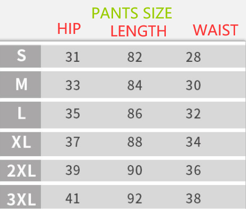 Sportswear Tracksuit Leggings pants size chart